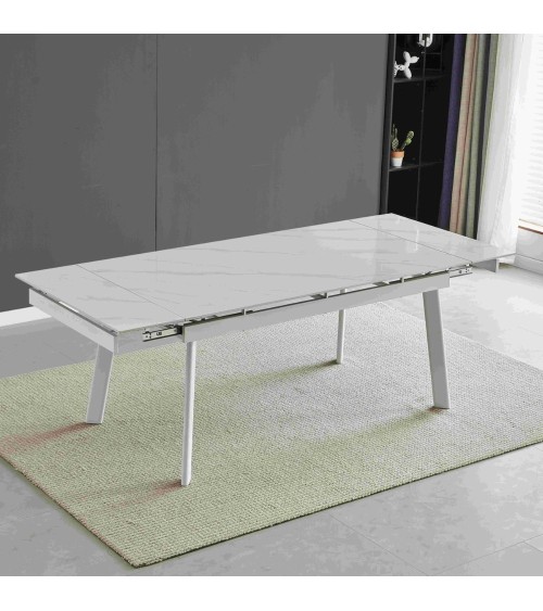 Tavolo allungabile Presena in ceramica colore bianco effetto marmo lucido e gambe metallo bianche