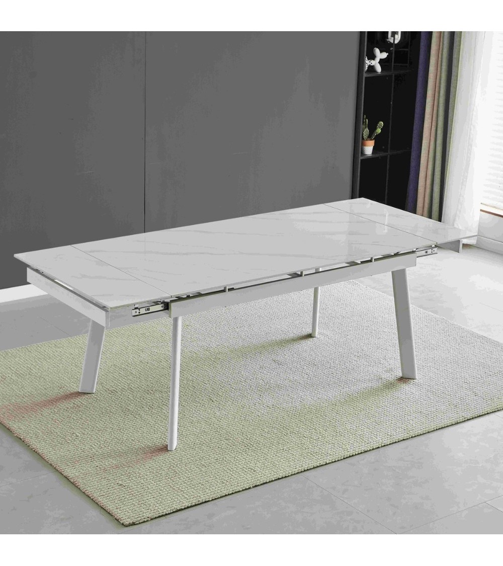 Tavolo allungabile Presena in ceramica colore bianco effetto marmo lucido e gambe metallo bianche