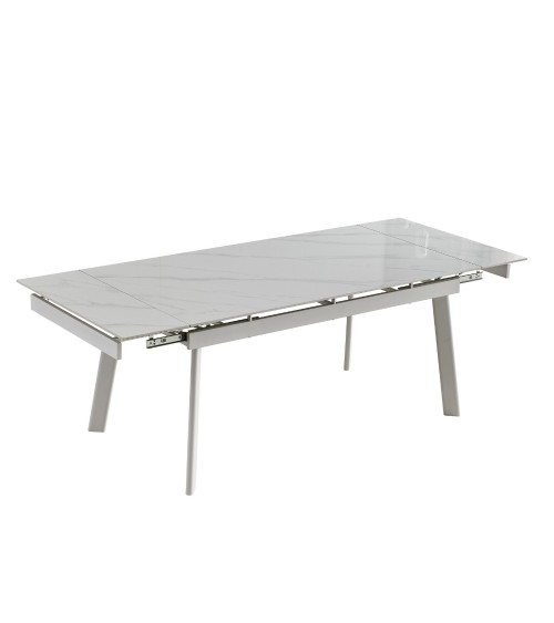 Tavolo allungabile Presena in ceramica colore bianco effetto marmo lucido e gambe metallo bianche