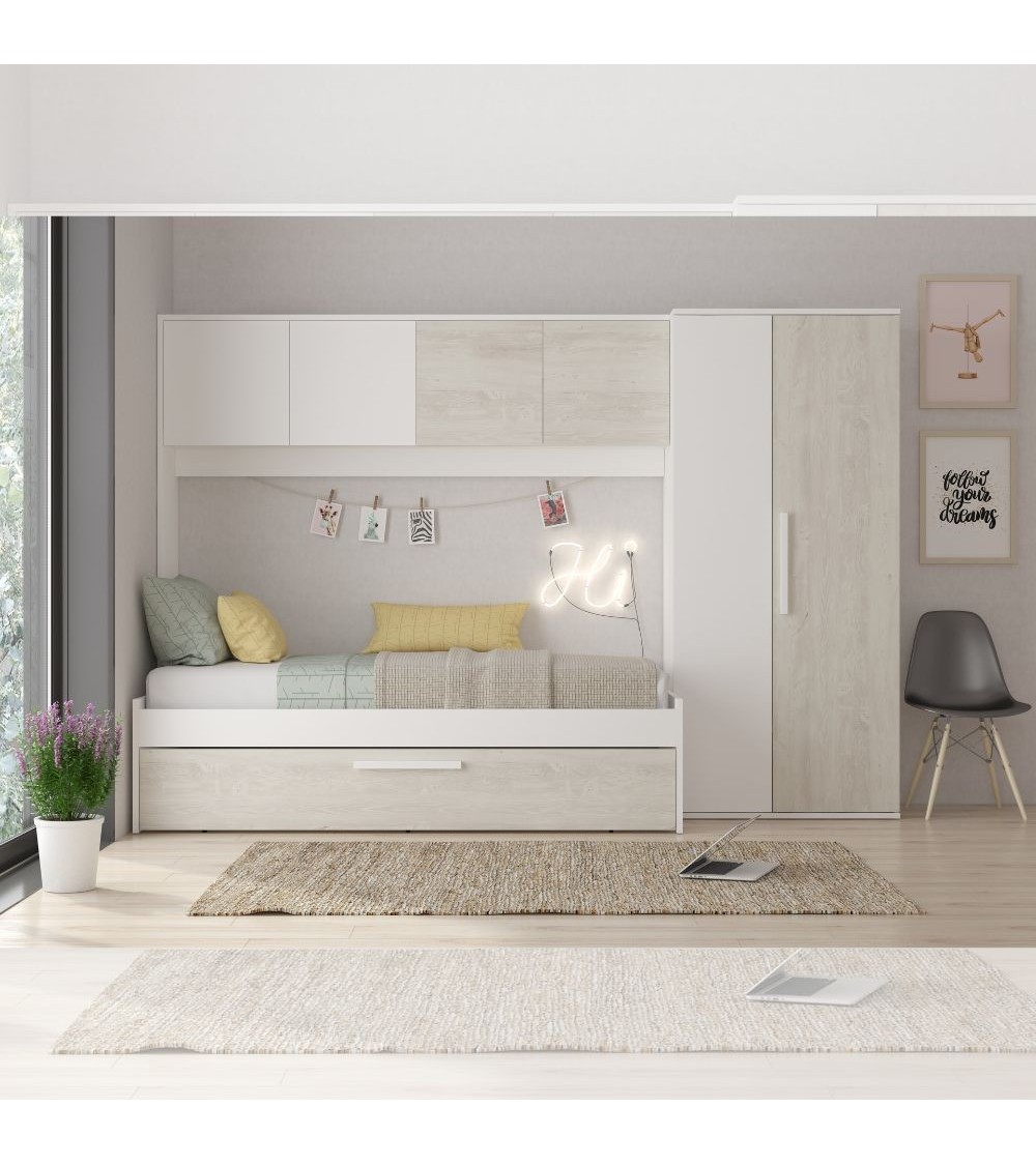 Cameretta a ponte 6006 con letto estraibile e armadio colore bianco consumato e bianco reversibile