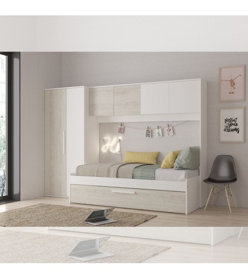 Cameretta a ponte 6006 con letto estraibile e armadio colore bianco consumato e bianco reversibile