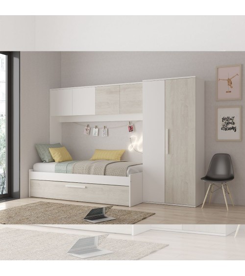Cameretta a ponte 6006 con letto estraibile e armadio colore bianco consumato e bianco reversibile