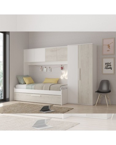 Cameretta a ponte 6006 con letto estraibile e armadio colore bianco consumato e bianco reversibile