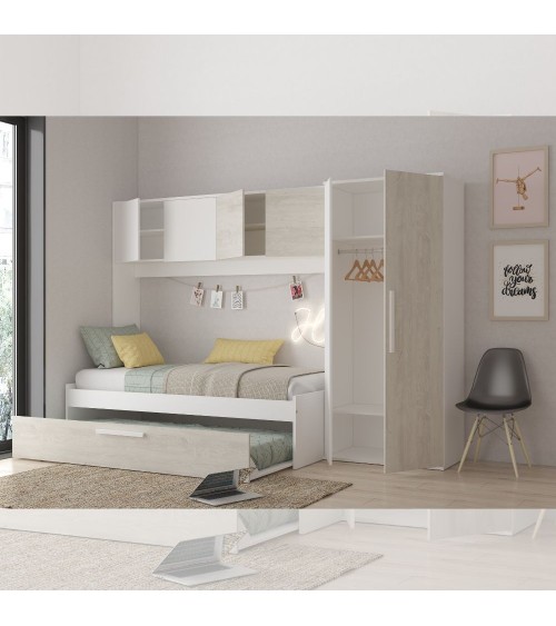 Cameretta a ponte 6006 con letto estraibile e armadio colore bianco consumato e bianco reversibile