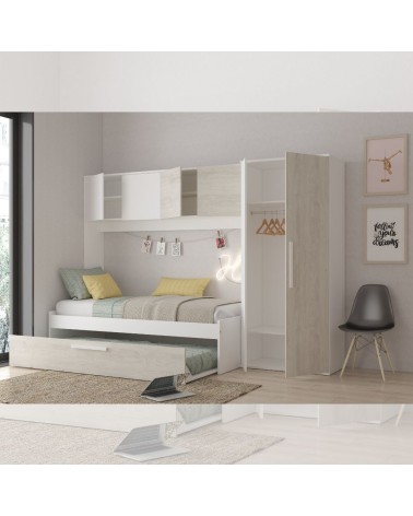 Cameretta a ponte 6006 con letto estraibile e armadio colore bianco consumato e bianco reversibile