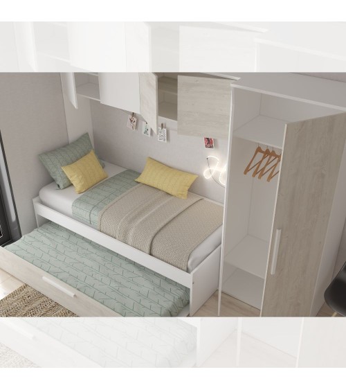 Cameretta a ponte 6006 con letto estraibile e armadio colore bianco consumato e bianco reversibile