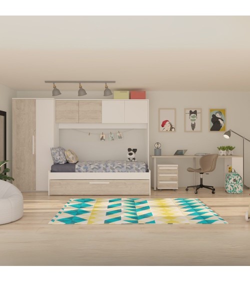 Cameretta a ponte 6006 con letto estraibile e armadio colore bianco consumato e bianco reversibile