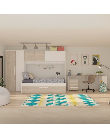 Cameretta a ponte 6006 con letto estraibile e armadio colore bianco consumato e bianco reversibile