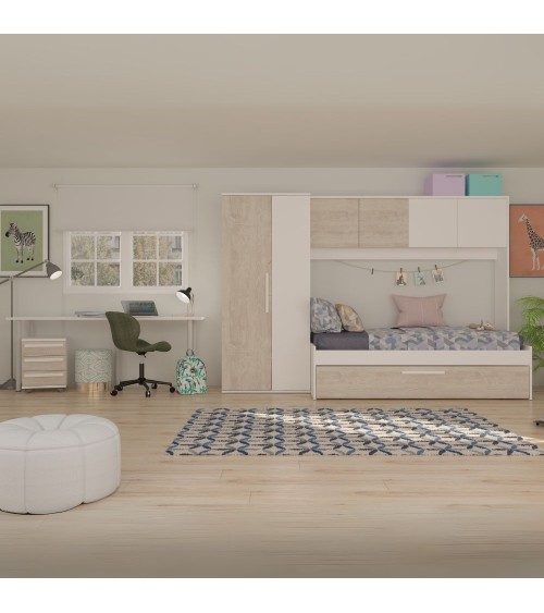 Cameretta a ponte 6006 con letto estraibile e armadio colore bianco consumato e bianco reversibile