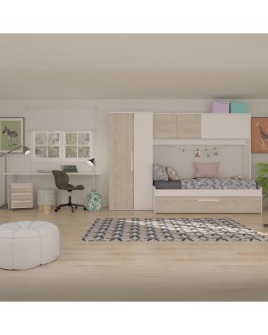 Cameretta a ponte 6006 con letto estraibile e armadio colore bianco consumato e bianco reversibile