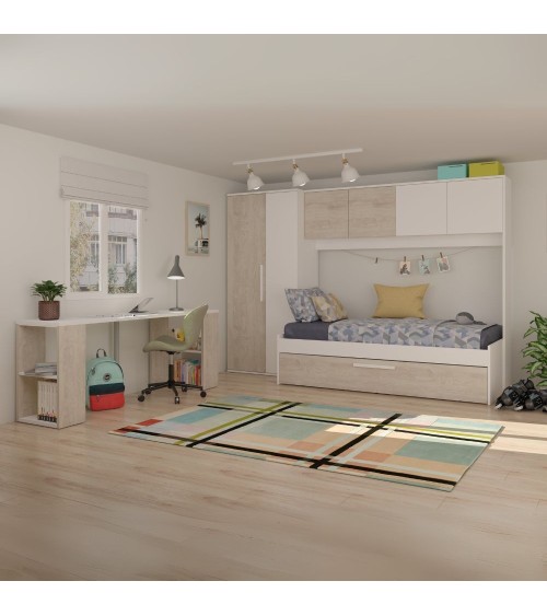 Cameretta a ponte 6006 con letto estraibile e armadio colore bianco consumato e bianco reversibile