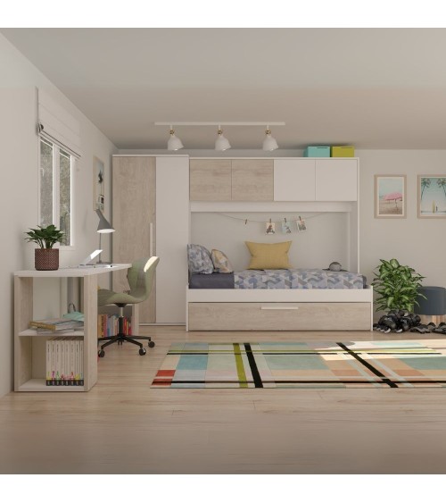 Cameretta a ponte 6006 con letto estraibile e armadio colore bianco consumato e bianco reversibile