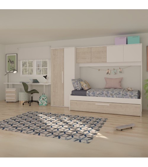 Cameretta a ponte 6006 con letto estraibile e armadio colore bianco consumato e bianco reversibile