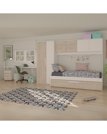 Cameretta a ponte 6006 con letto estraibile e armadio colore bianco consumato e bianco reversibile