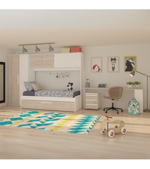 Cameretta a ponte 6006 con letto estraibile e armadio colore bianco consumato e bianco reversibile