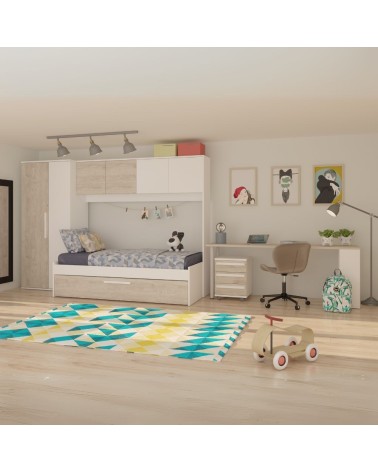 Cameretta a ponte 6006 con letto estraibile e armadio colore bianco consumato e bianco reversibile