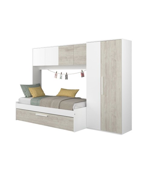 Cameretta a ponte 6006 con letto estraibile e armadio colore bianco consumato e bianco reversibile