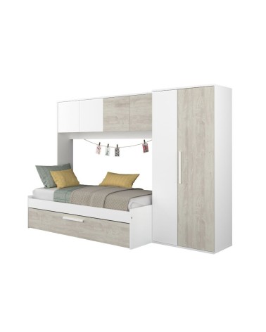 Cameretta a ponte 6006 con letto estraibile e armadio colore bianco consumato e bianco reversibile