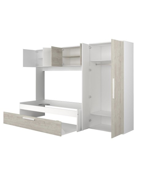 Cameretta a ponte 6006 con letto estraibile e armadio colore bianco consumato e bianco reversibile