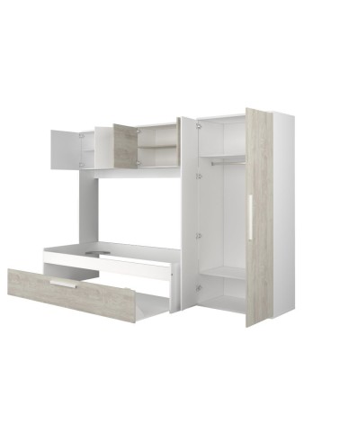 Cameretta a ponte 6006 con letto estraibile e armadio colore bianco consumato e bianco reversibile