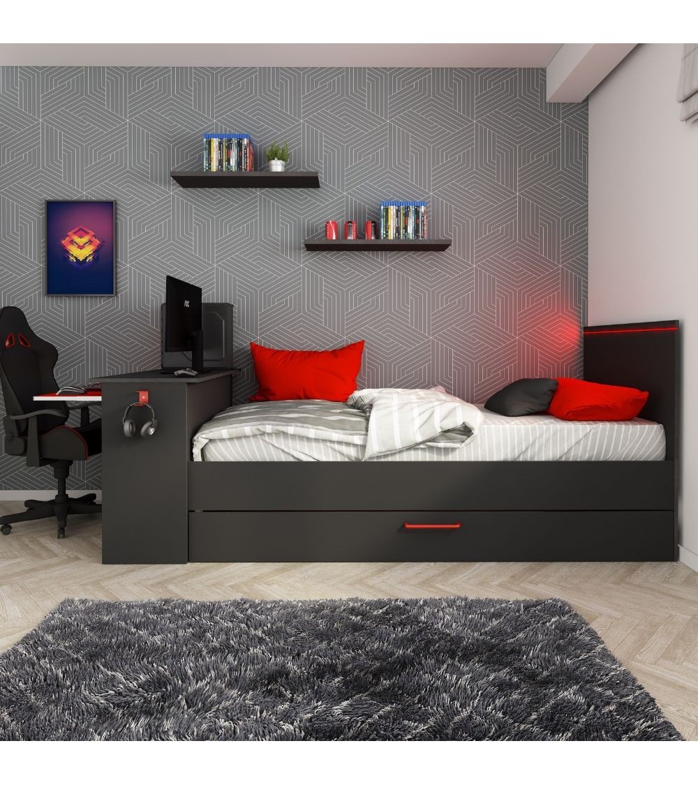 Cameretta 5040 con letto singolo con letto estraibile e scrivania incorporata colore antracite e rosso reversibile