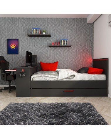 Cameretta 5040 con letto singolo con letto estraibile e scrivania incorporata colore antracite e rosso reversibile