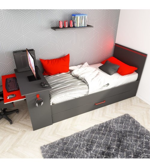 Cameretta 5040 con letto singolo con letto estraibile e scrivania incorporata colore antracite e rosso reversibile