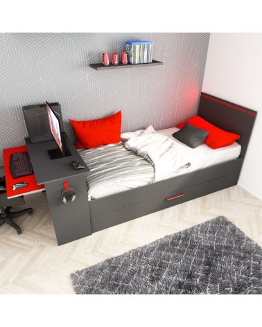 Cameretta 5040 con letto singolo con letto estraibile e scrivania incorporata colore antracite e rosso reversibile