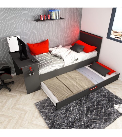 Cameretta 5040 con letto singolo con letto estraibile e scrivania incorporata colore antracite e rosso reversibile