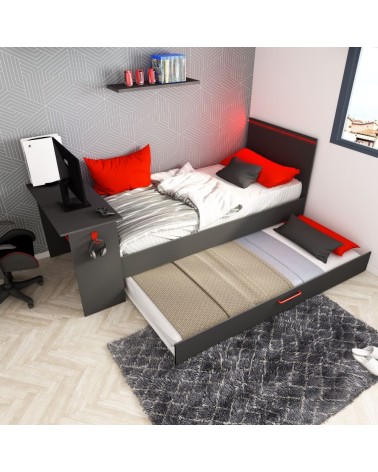 Cameretta 5040 con letto singolo con letto estraibile e scrivania incorporata colore antracite e rosso reversibile
