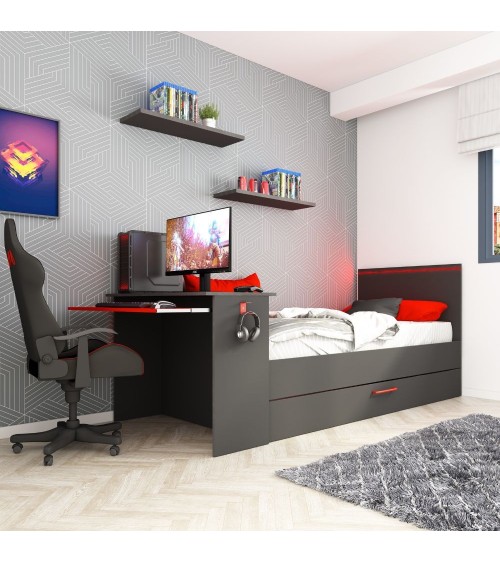 Cameretta 5040 con letto singolo con letto estraibile e scrivania incorporata colore antracite e rosso reversibile