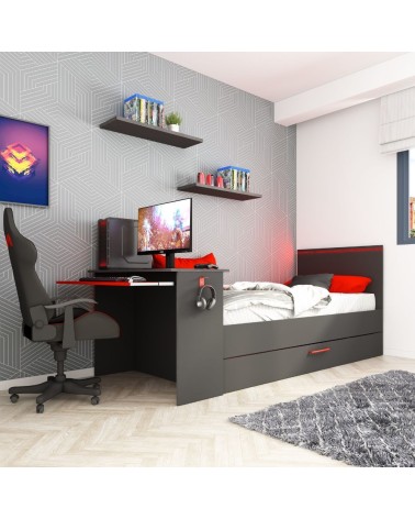 Cameretta 5040 con letto singolo con letto estraibile e scrivania incorporata colore antracite e rosso reversibile