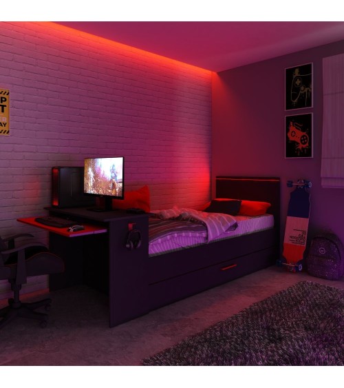 Cameretta 5040 con letto singolo con letto estraibile e scrivania incorporata colore antracite e rosso reversibile