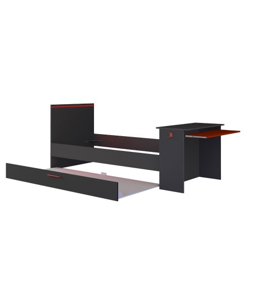 Cameretta 5040 con letto singolo con letto estraibile e scrivania incorporata colore antracite e rosso reversibile