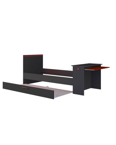 Cameretta 5040 con letto singolo con letto estraibile e scrivania incorporata colore antracite e rosso reversibile