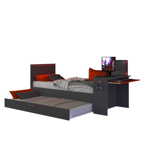 Cameretta 5040 con letto singolo con letto estraibile e scrivania incorporata colore antracite e rosso reversibile