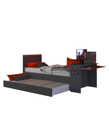 Cameretta 5040 con letto singolo con letto estraibile e scrivania incorporata colore antracite e rosso reversibile