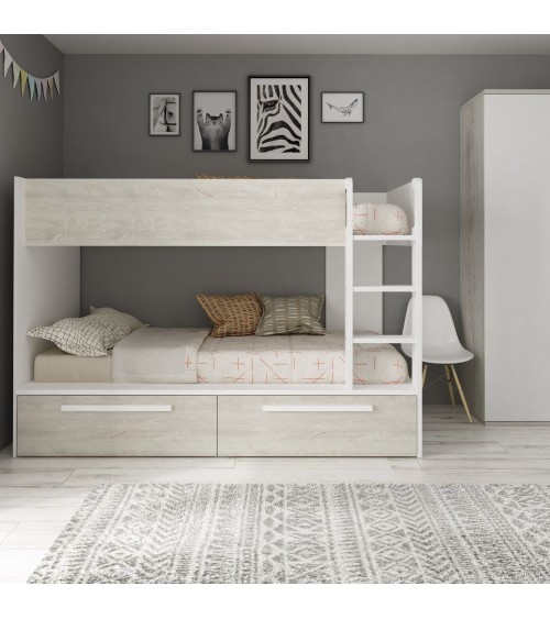 Cameretta con letto a castello con cassettoni colore bianco consumato e bianco reversibile