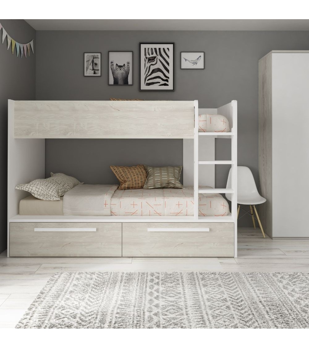 Cameretta con letto a castello con cassettoni colore bianco consumato e bianco reversibile