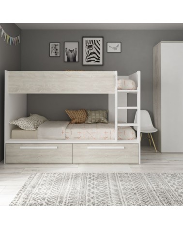 Cameretta con letto a castello con cassettoni colore bianco consumato e bianco reversibile