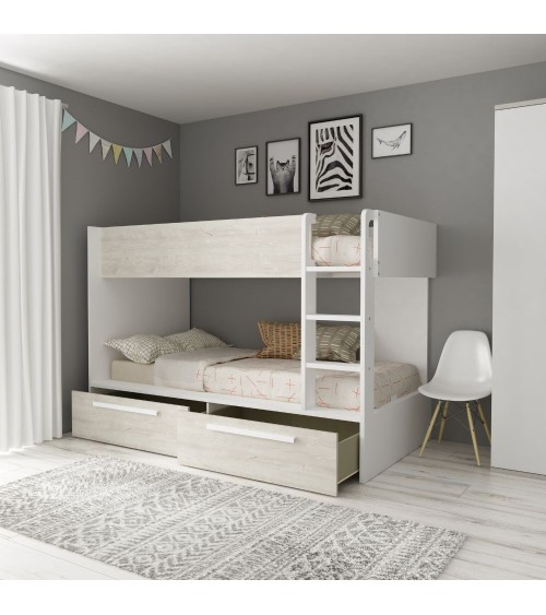 Cameretta con letto a castello con cassettoni colore bianco consumato e bianco reversibile