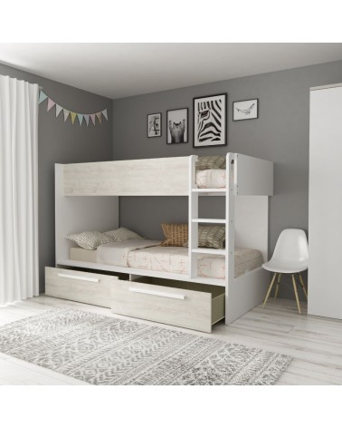Cameretta con letto a castello con cassettoni colore bianco consumato e bianco reversibile