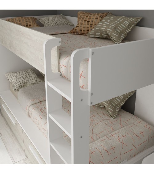 Cameretta con letto a castello con cassettoni colore bianco consumato e bianco reversibile