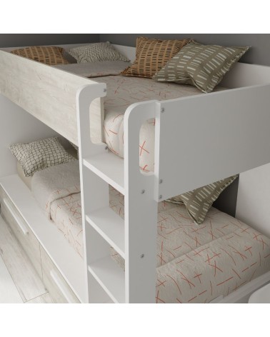 Cameretta con letto a castello con cassettoni colore bianco consumato e bianco reversibile
