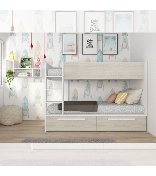 Cameretta con letto a castello con cassettoni colore bianco consumato e bianco reversibile