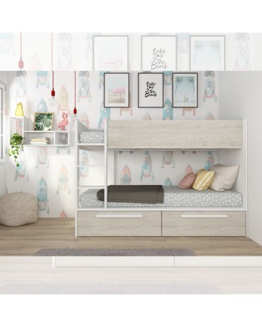 Cameretta con letto a castello con cassettoni colore bianco consumato e bianco reversibile