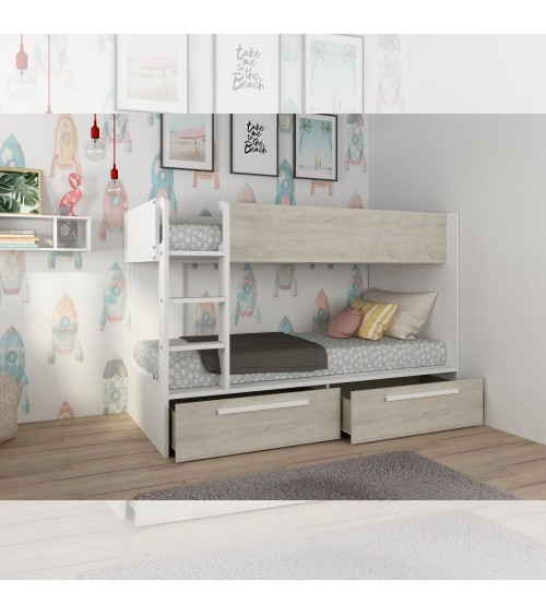 Cameretta con letto a castello con cassettoni colore bianco consumato e bianco reversibile