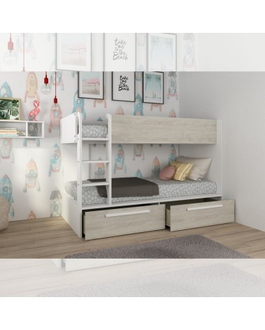 Cameretta con letto a castello con cassettoni colore bianco consumato e bianco reversibile