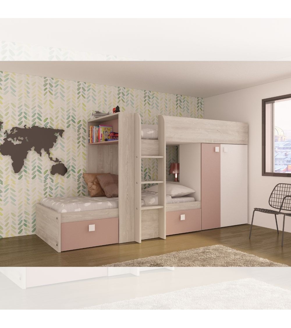 Cameretta 1262 con letto a castello con due cassettoni e armadio reversibile colore bianco consumato e rosa antico