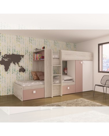 Cameretta 1262 con letto a castello con due cassettoni e armadio reversibile colore bianco consumato e rosa antico